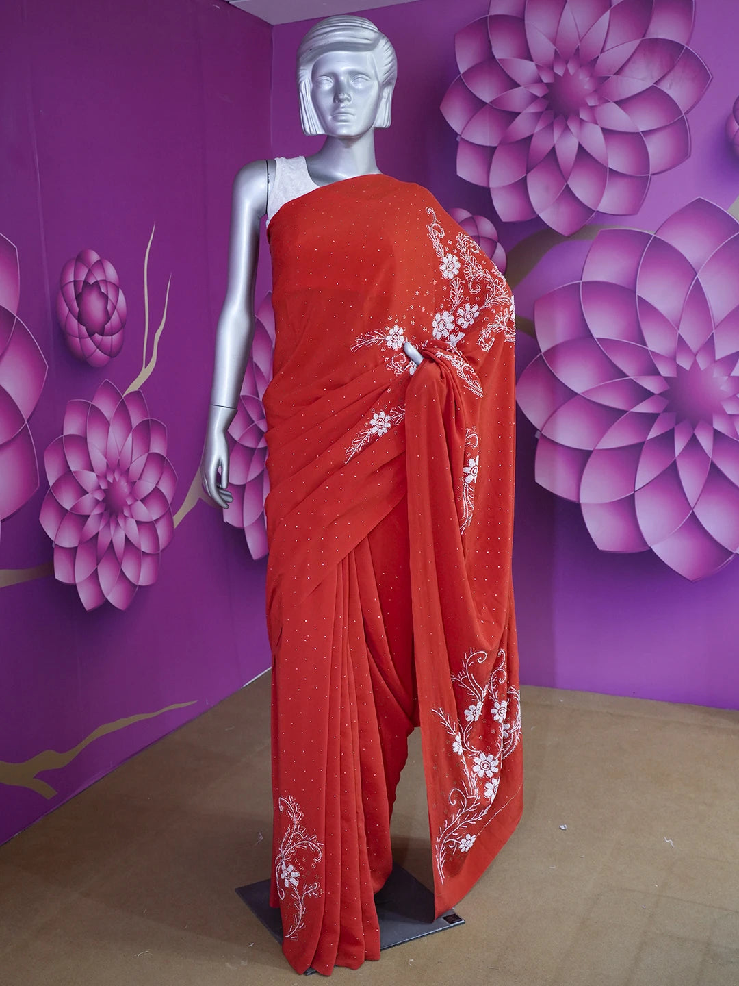 Ada Hand Embroidered Red Crepe Lucknowi Chikankari Saree/Blouse With Muqaish Work 01A509668