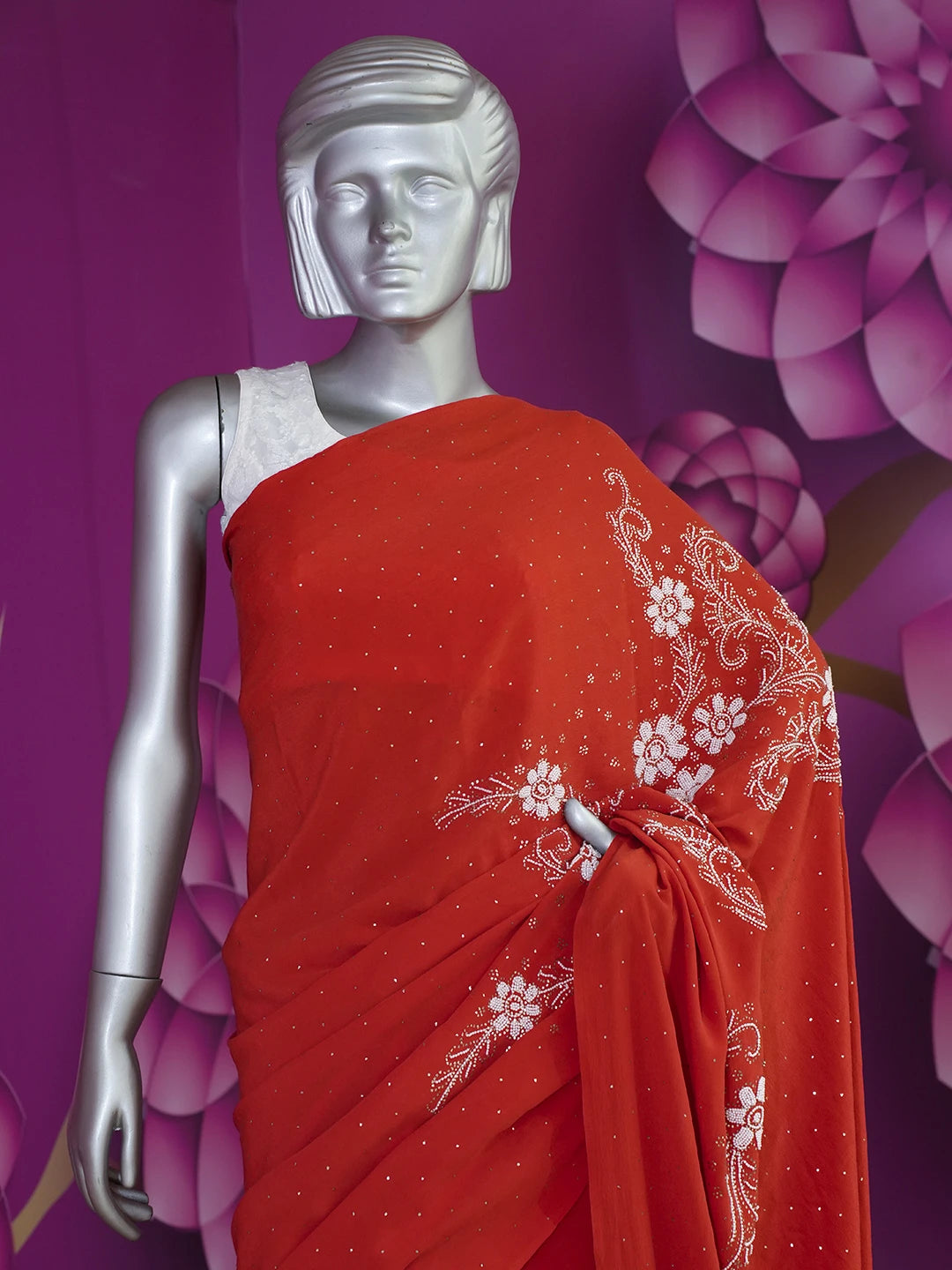 Ada Hand Embroidered Red Crepe Lucknowi Chikankari Saree/Blouse With Muqaish Work 01A509668