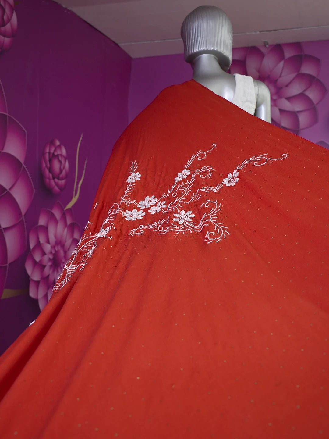 Ada Hand Embroidered Red Crepe Lucknowi Chikankari Saree/Blouse With Muqaish Work 01A509668