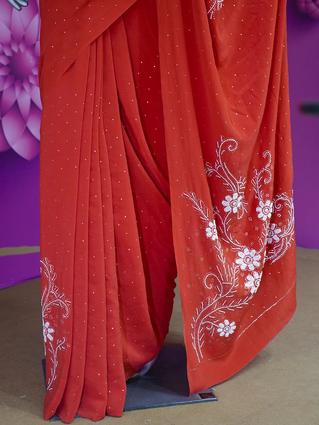 Ada Hand Embroidered Red Crepe Lucknowi Chikankari Saree/Blouse With Muqaish Work 01A509668