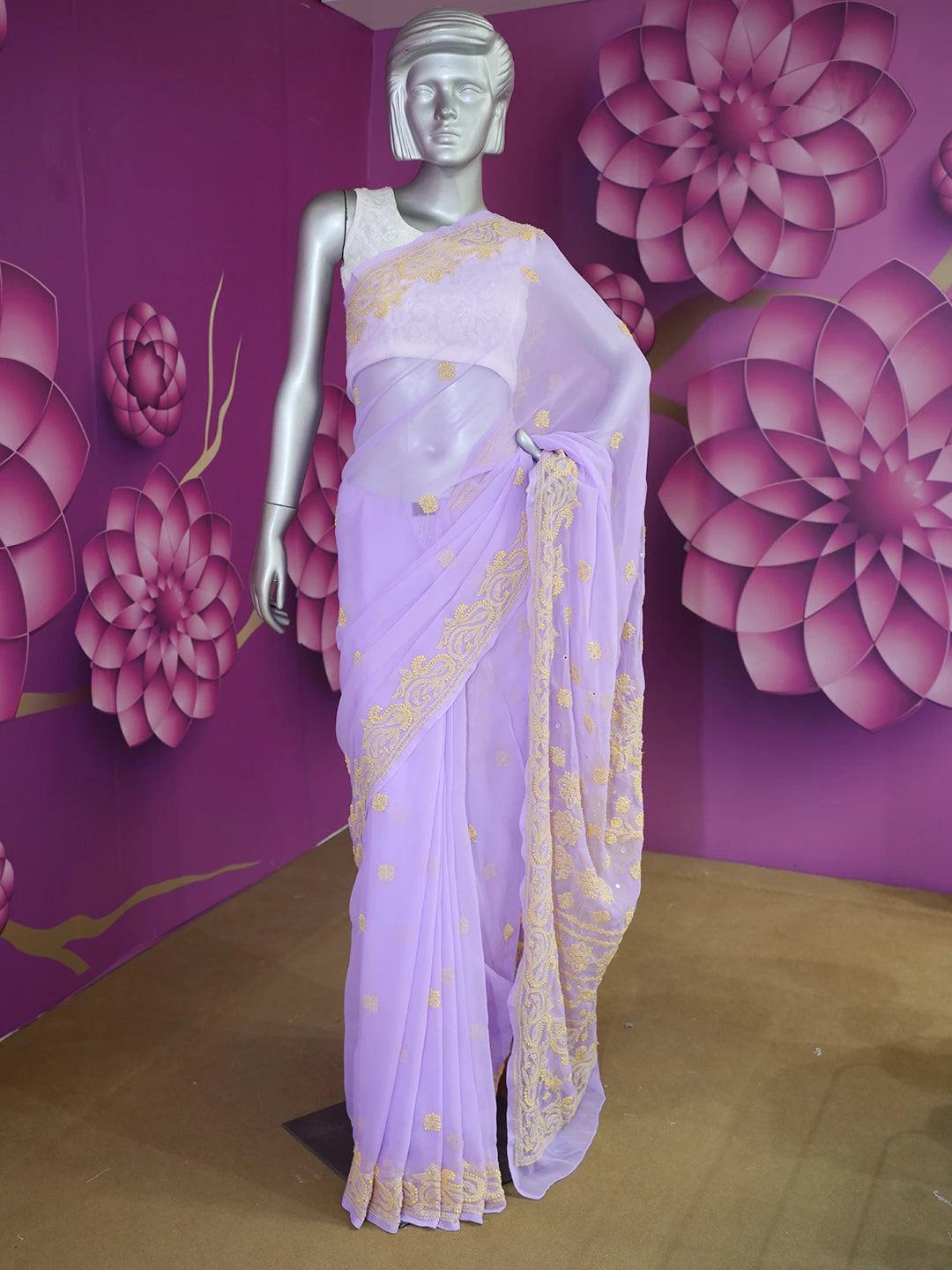 Ada Hand Embroidered Mauve Georgette Lucknowi Chikankari Saree and Blouse with Pearl Work 01A148223