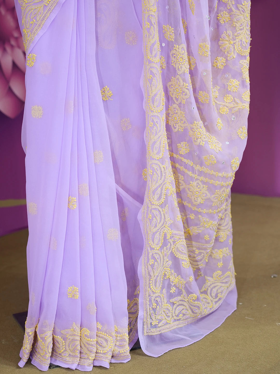 Ada Hand Embroidered Mauve Georgette Lucknowi Chikankari Saree and Blouse with Pearl Work 01A148223
