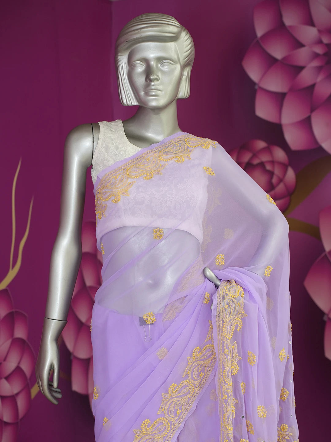 Ada Hand Embroidered Mauve Georgette Lucknowi Chikankari Saree and Blouse with Pearl Work 01A148223