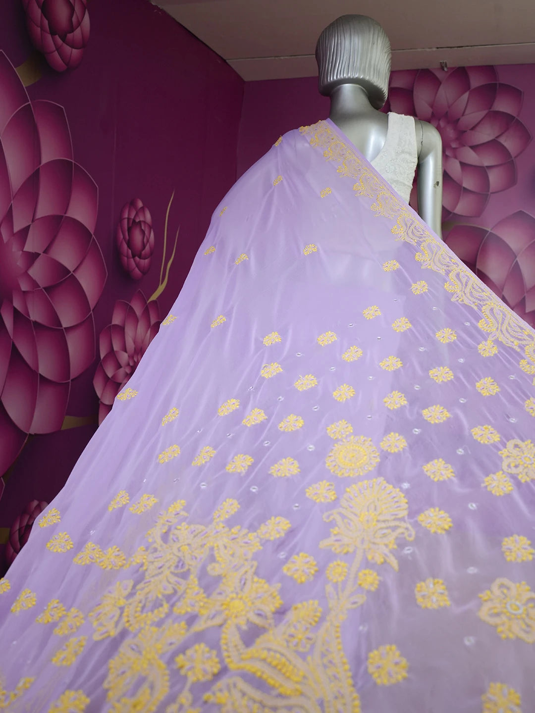 Ada Hand Embroidered Mauve Georgette Lucknowi Chikankari Saree and Blouse with Pearl Work 01A148223