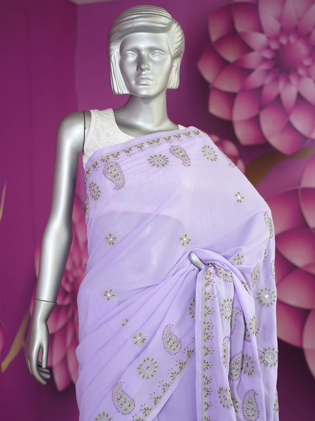 Ada Hand Embroidered Mauve Faux Georgette Lucknowi Chikankari Saree and Blouse with Pearl Work 01A138402