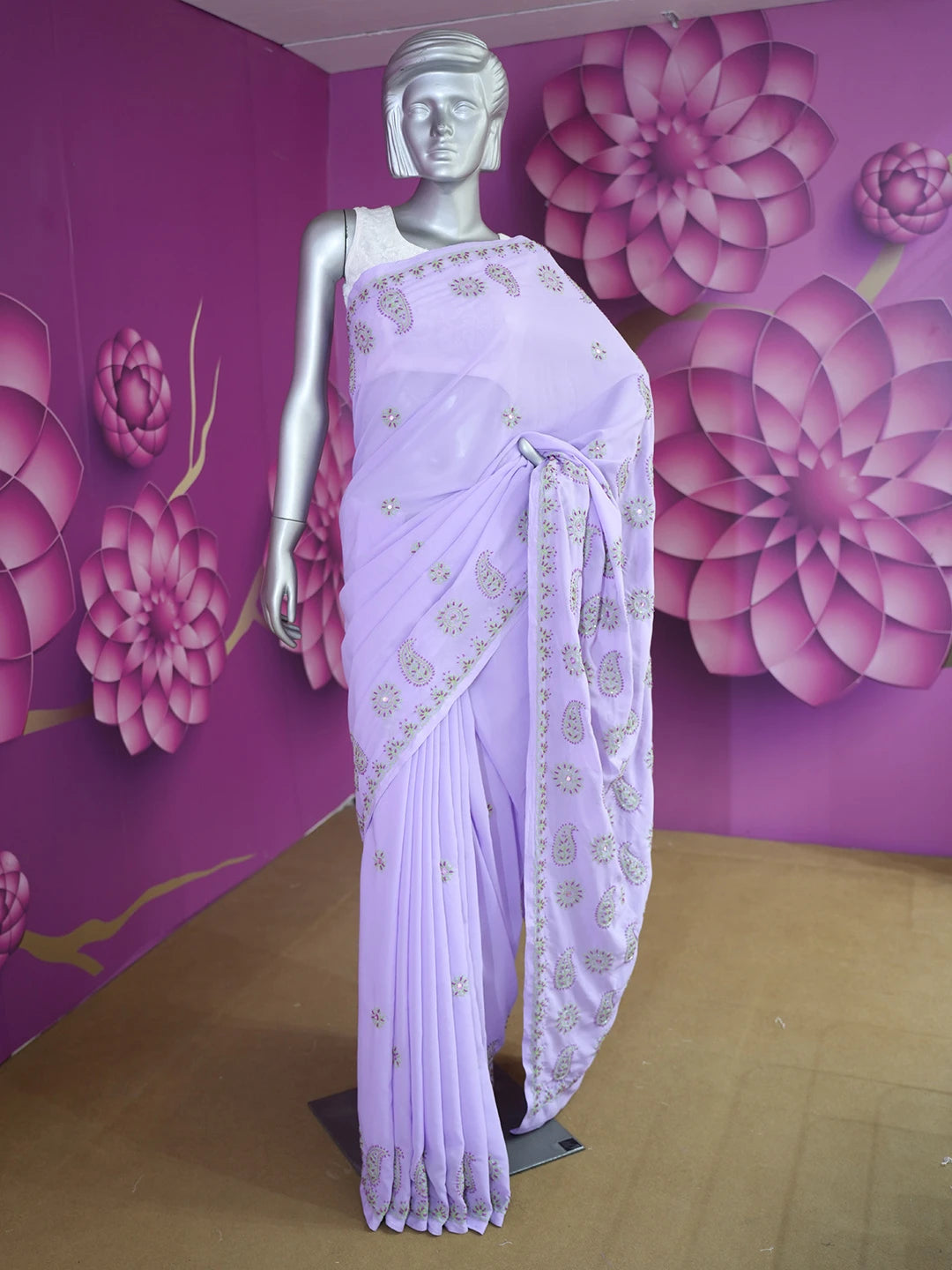 Ada Hand Embroidered Mauve Faux Georgette Lucknowi Chikankari Saree and Blouse with Pearl Work 01A138402