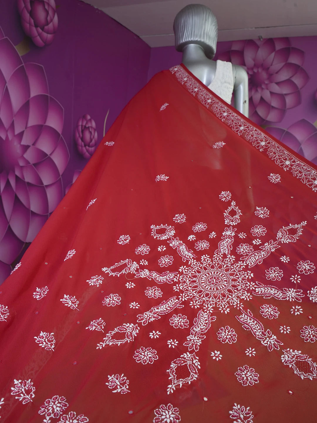 Ada Hand Embroidered Red Georgette Lucknowi Chikankari Saree and Blouse with Sequinned Work 01A190897