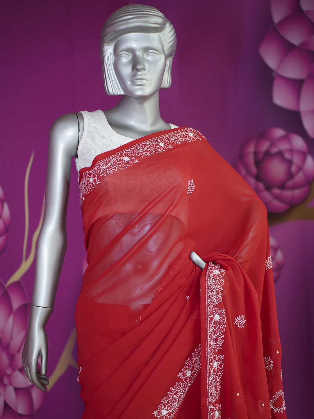 Ada Hand Embroidered Red Georgette Lucknowi Chikankari Saree and Blouse with Sequinned Work 01A190897
