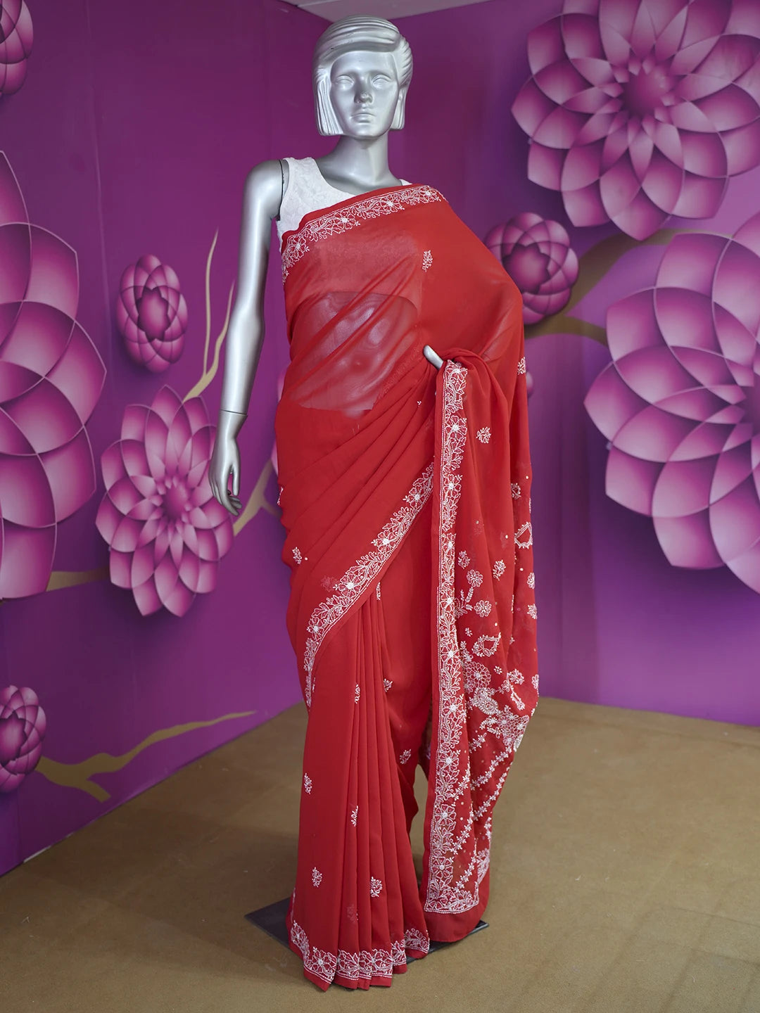 Ada Hand Embroidered Red Georgette Lucknowi Chikankari Saree and Blouse with Sequinned Work 01A190897
