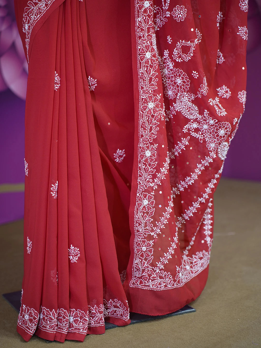 Ada Hand Embroidered Red Georgette Lucknowi Chikankari Saree and Blouse with Sequinned Work 01A190897