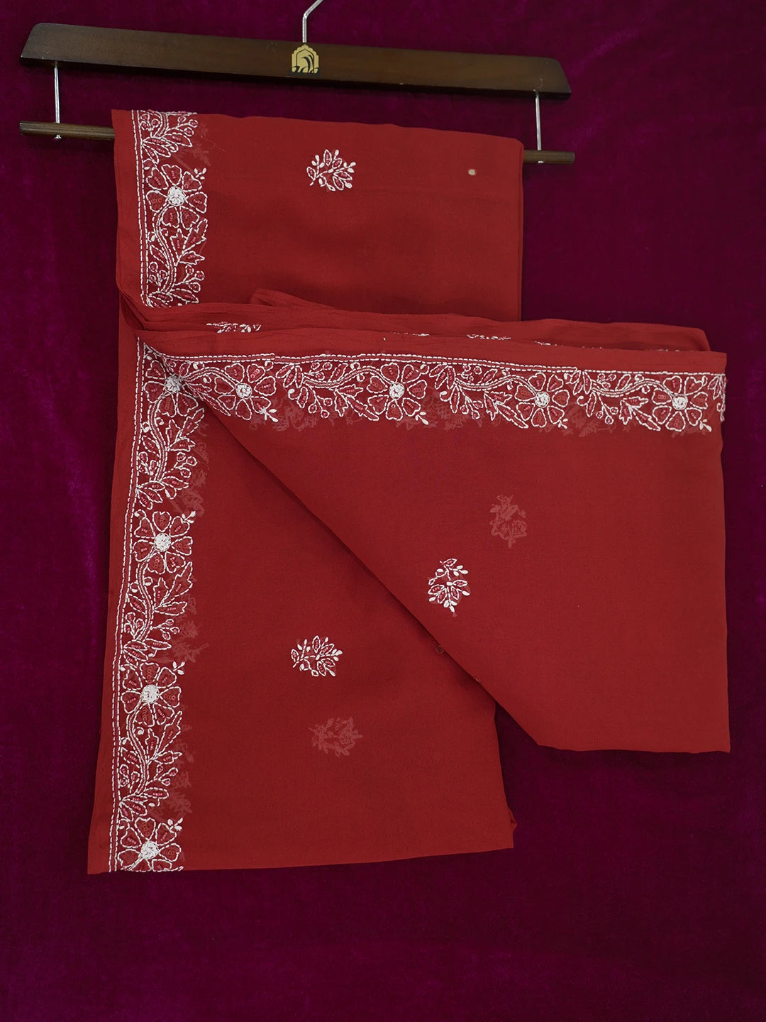 Ada Hand Embroidered Red Georgette Lucknowi Chikankari Saree and Blouse with Sequinned Work 01A190897