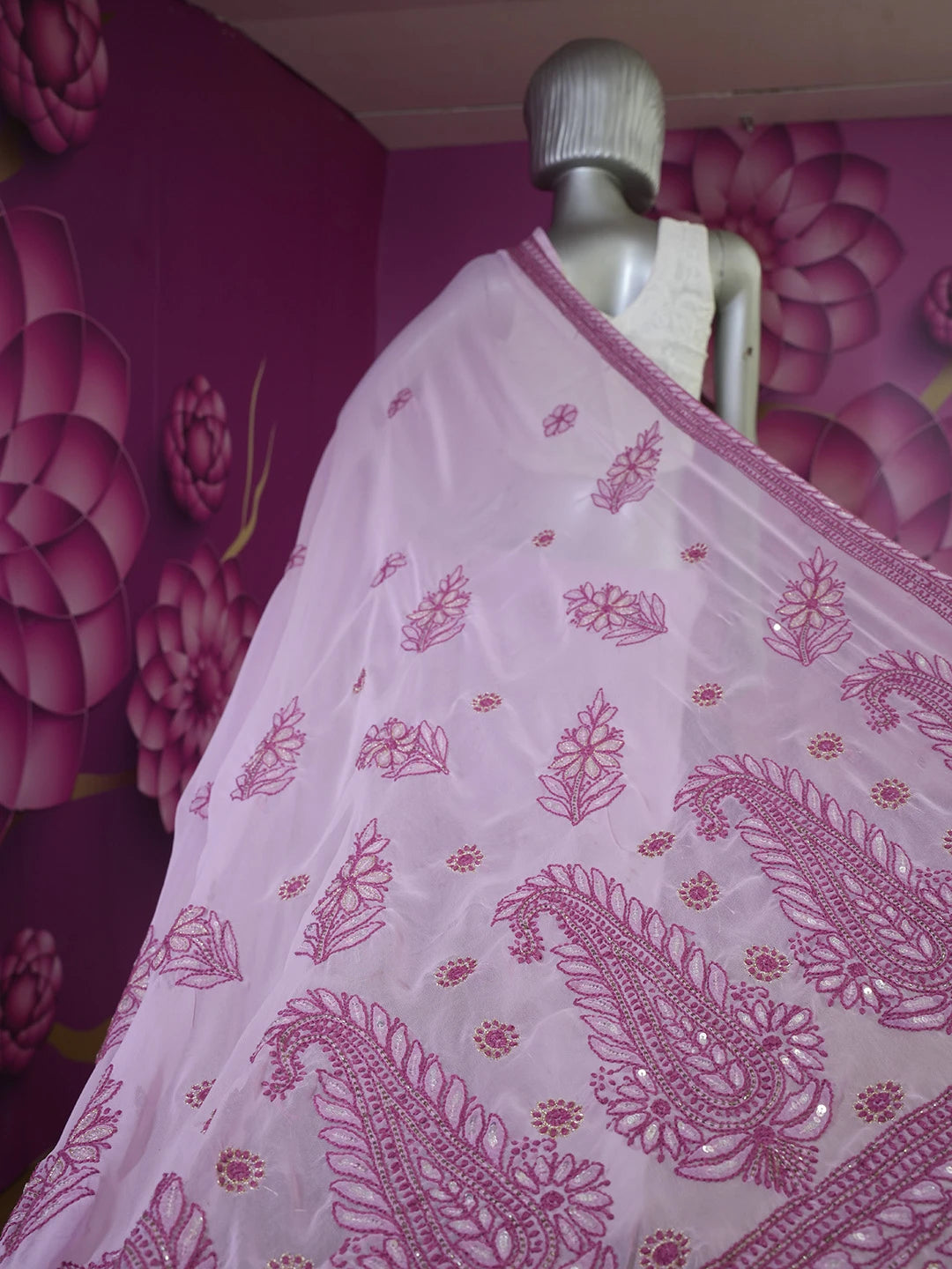 Ada Hand Embroidered Wild Orchid Pink Georgette Lucknowi Chikankari Saree and Blouse with Sequinned Work 01A302198
