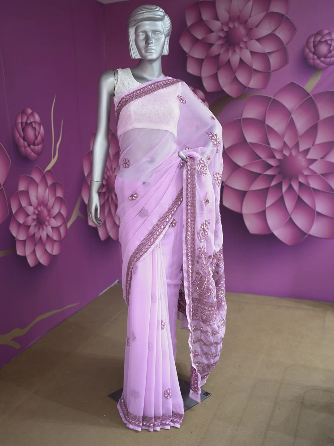 Ada Hand Embroidered Wild Orchid Pink Georgette Lucknowi Chikankari Saree and Blouse with Sequinned Work 01A302198