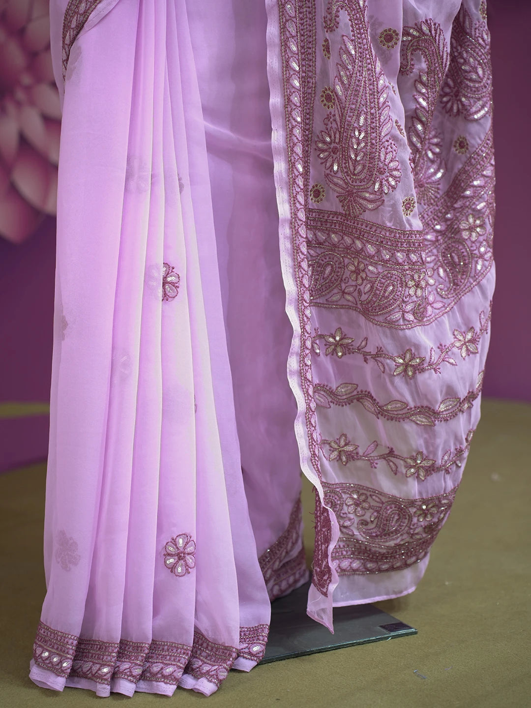 Ada Hand Embroidered Wild Orchid Pink Georgette Lucknowi Chikankari Saree and Blouse with Sequinned Work 01A302198