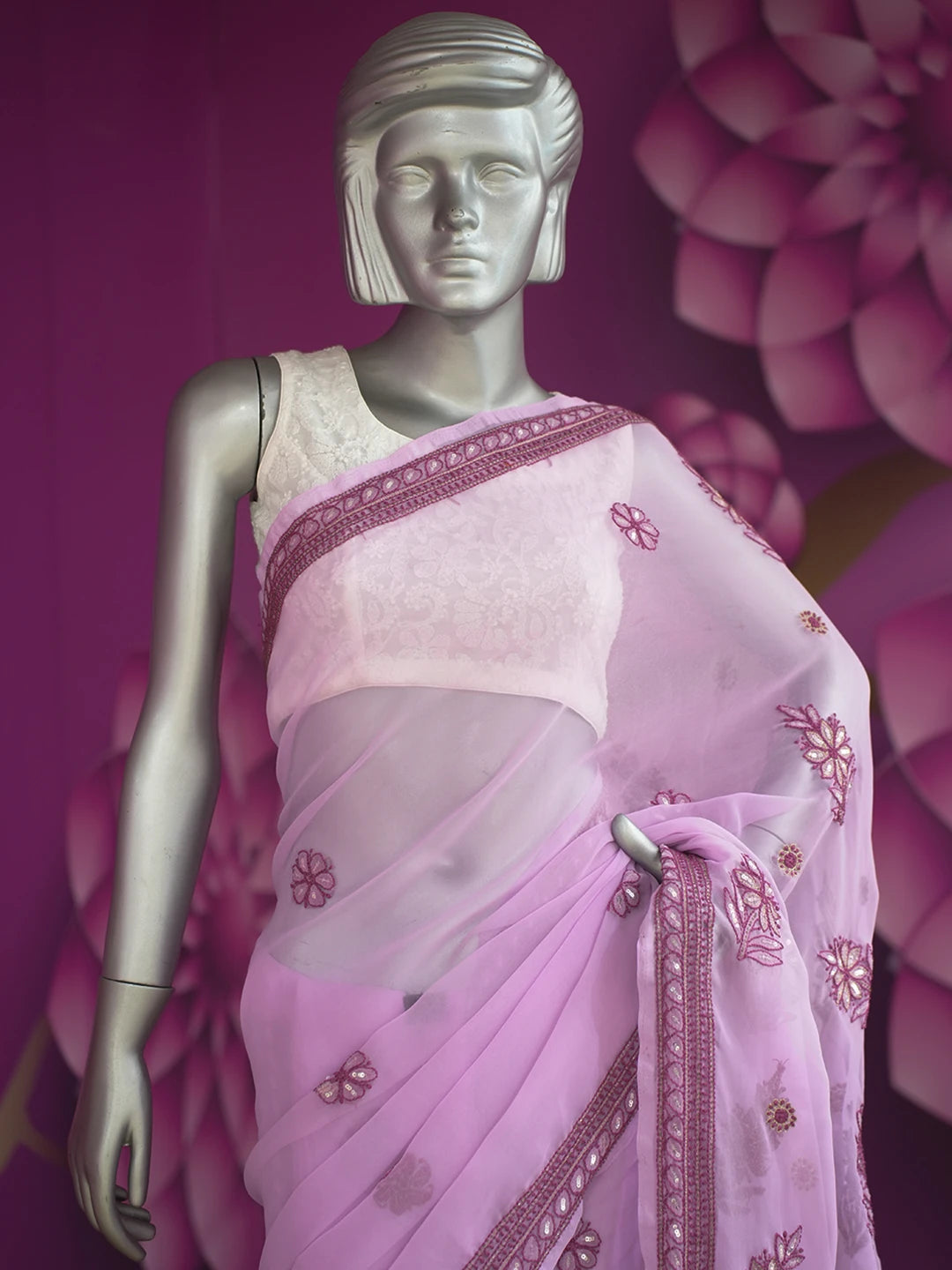 Ada Hand Embroidered Wild Orchid Pink Georgette Lucknowi Chikankari Saree and Blouse with Sequinned Work 01A302198