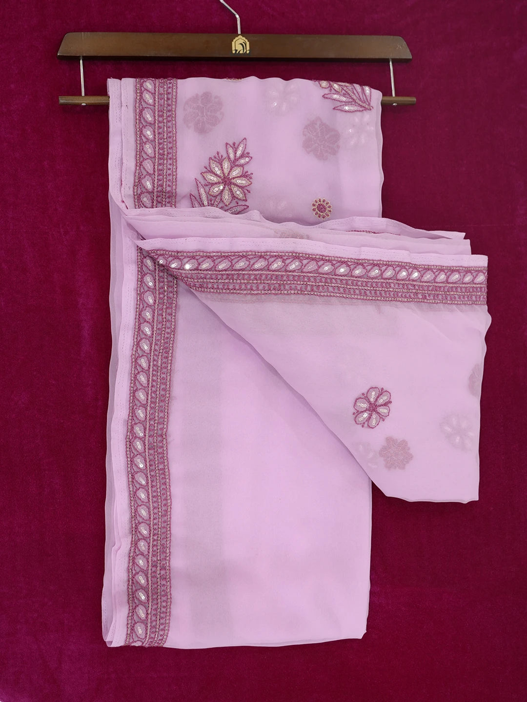 Ada Hand Embroidered Wild Orchid Pink Georgette Lucknowi Chikankari Saree and Blouse with Sequinned Work 01A302198