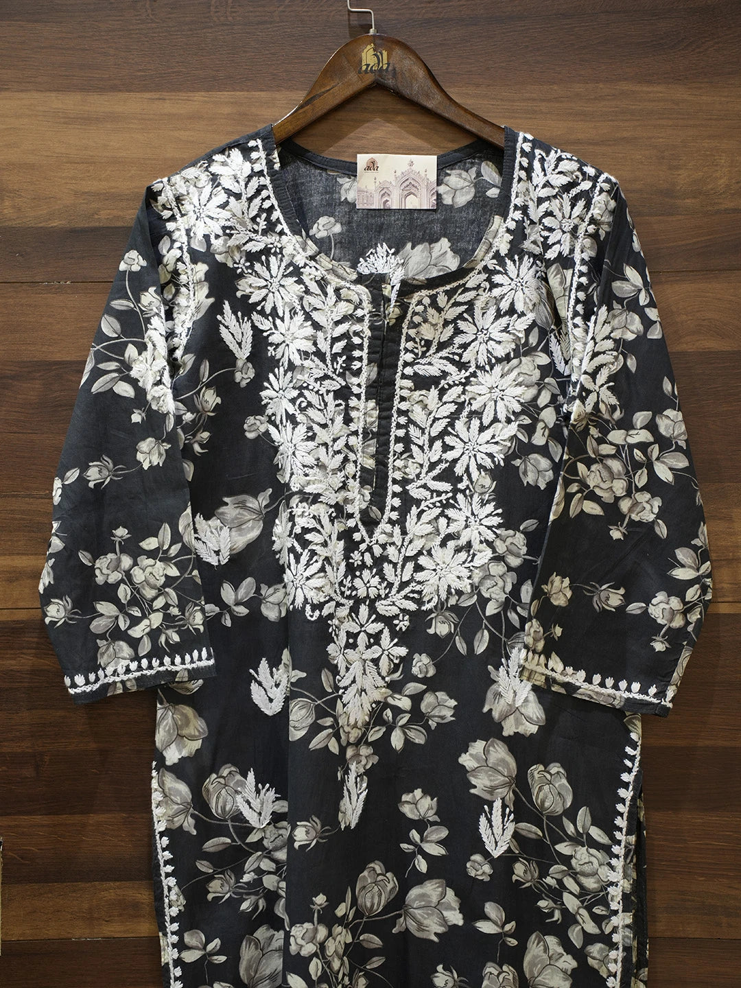 Ada Hand Embroidered Black Cotton Lucknowi Chikankari Straight Kurta A411558