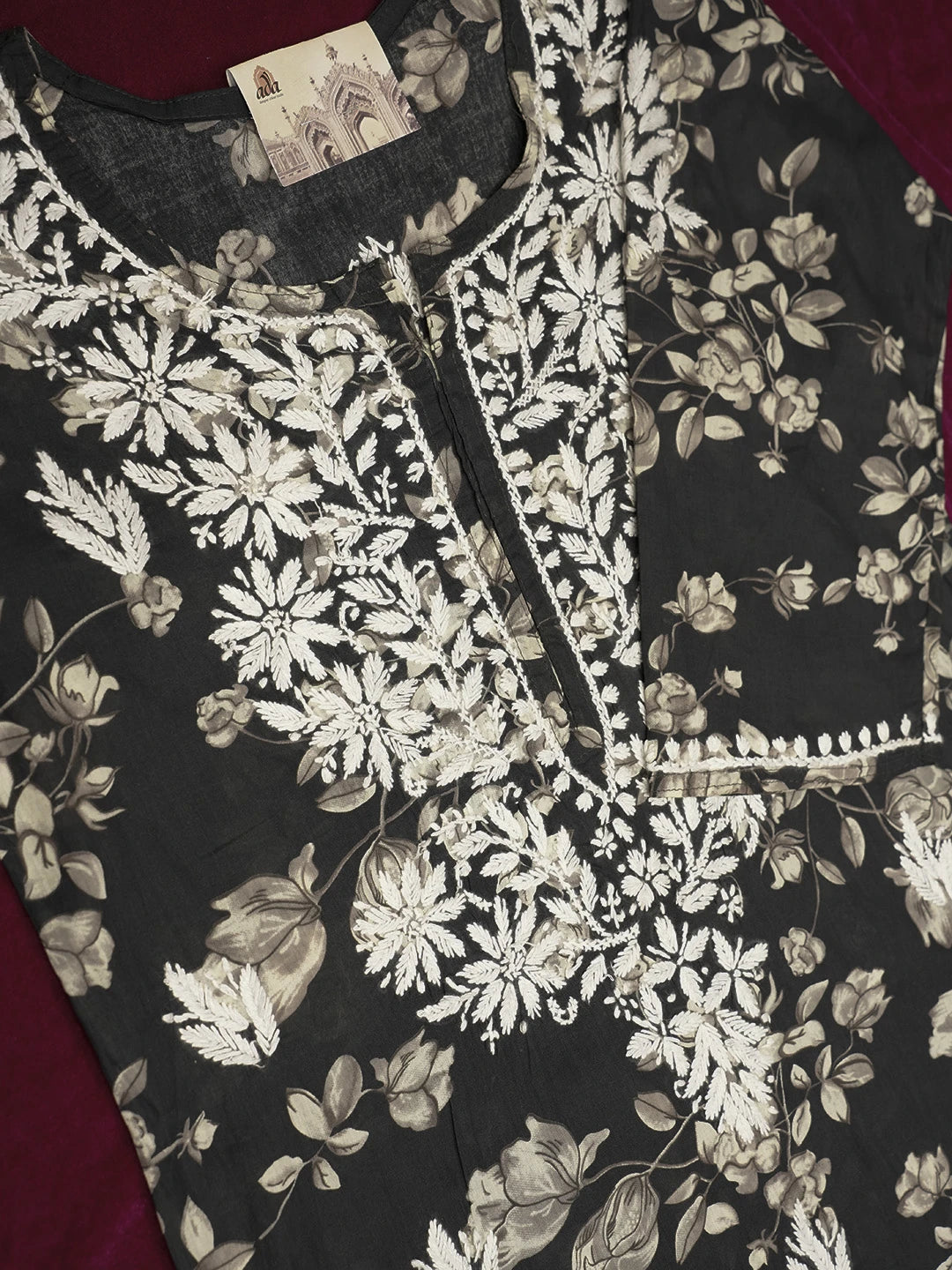 Ada Hand Embroidered Black Cotton Lucknowi Chikankari Straight Kurta A411558