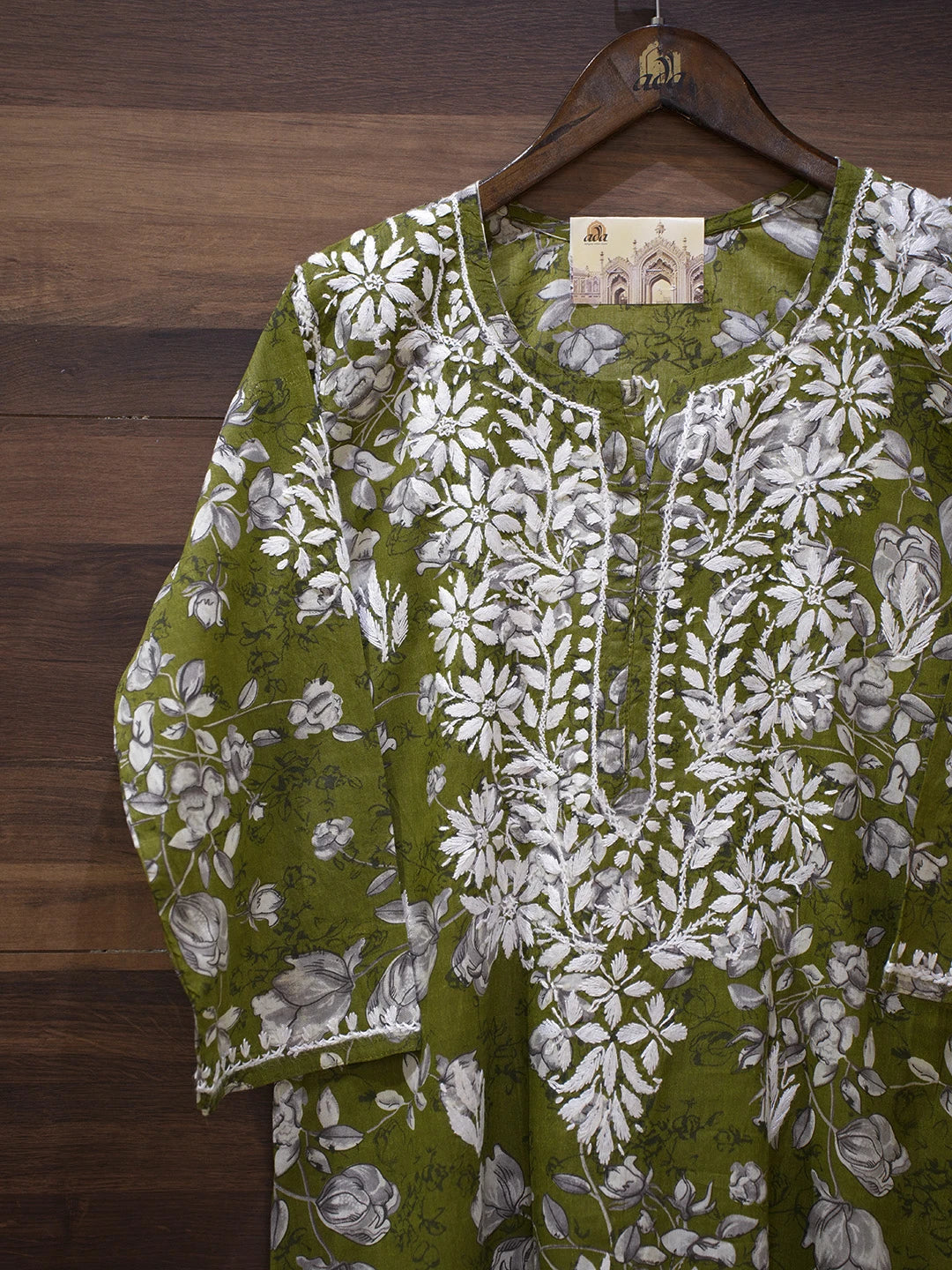Ada Hand Embroidered Green Cotton Lucknowi Chikankari Straight Kurta A411559