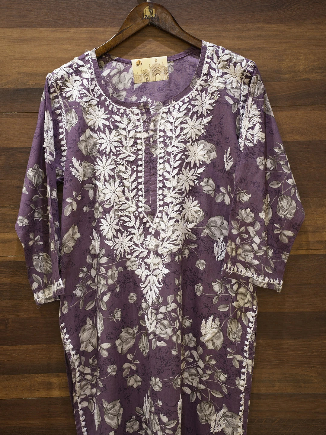 Ada Hand Embroidered Wine Cotton Lucknowi Chikankari Straight Kurta A411560