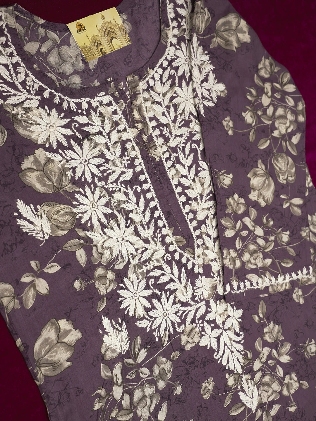 Ada Hand Embroidered Wine Cotton Lucknowi Chikankari Straight Kurta A411560