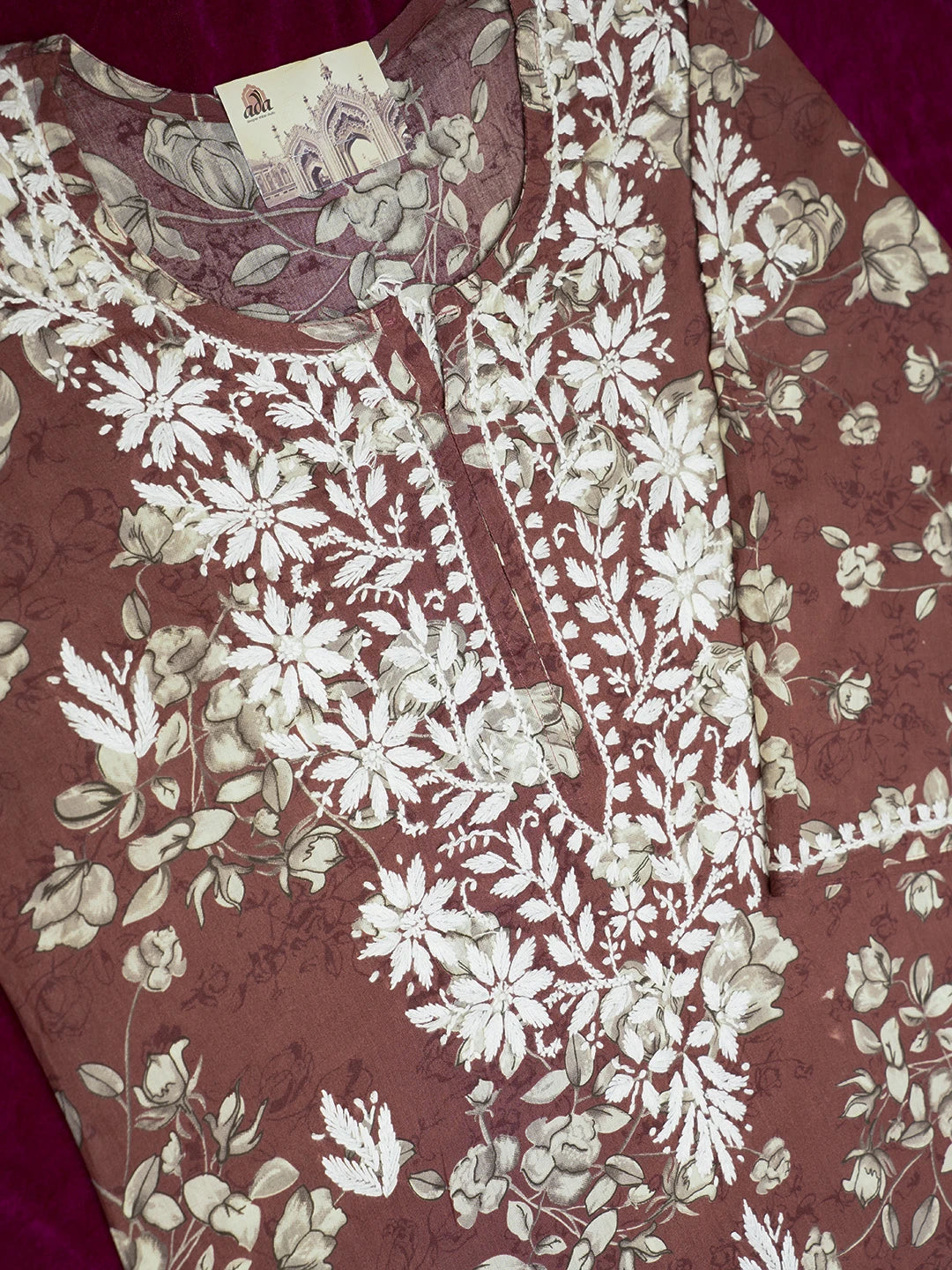 Ada Hand Embroidered Brown Cotton Lucknowi Chikankari Straight Kurta A411561