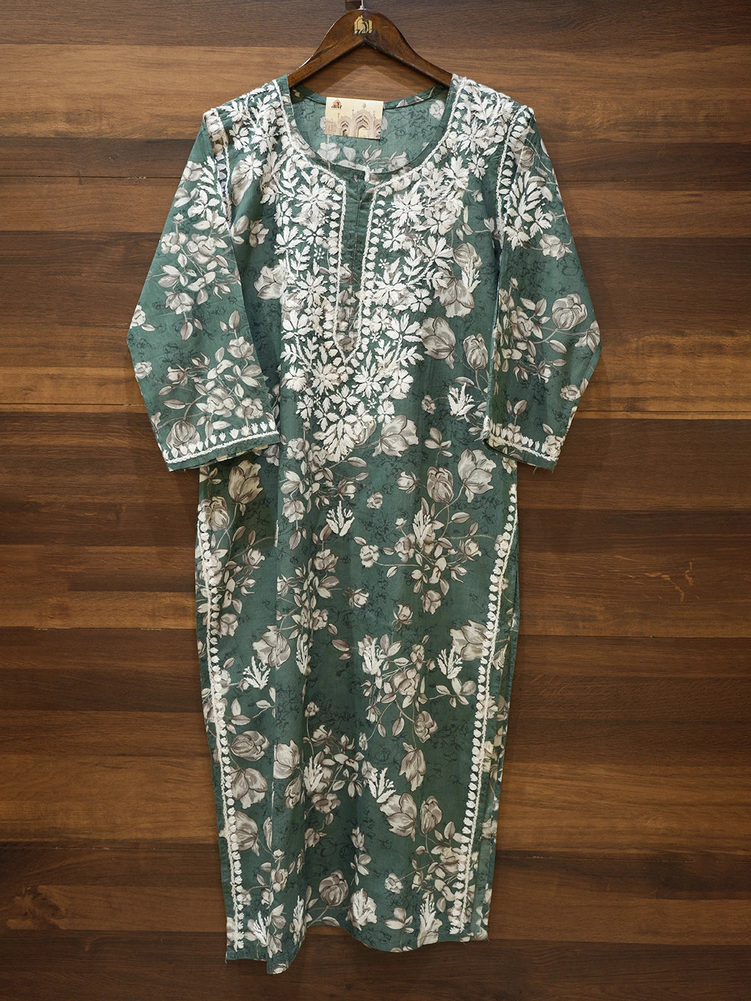 Ada Hand Embroidered Teal Green Cotton Lucknowi Chikankari Straight Kurta A411562