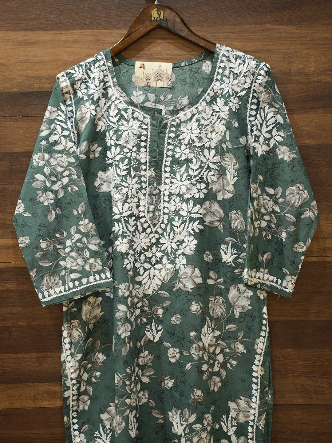 Ada Hand Embroidered Teal Green Cotton Lucknowi Chikankari Straight Kurta A411562