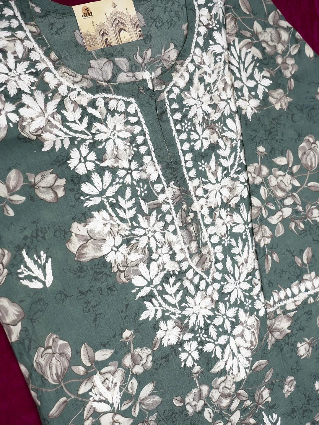 Ada Hand Embroidered Teal Green Cotton Lucknowi Chikankari Straight Kurta A411562