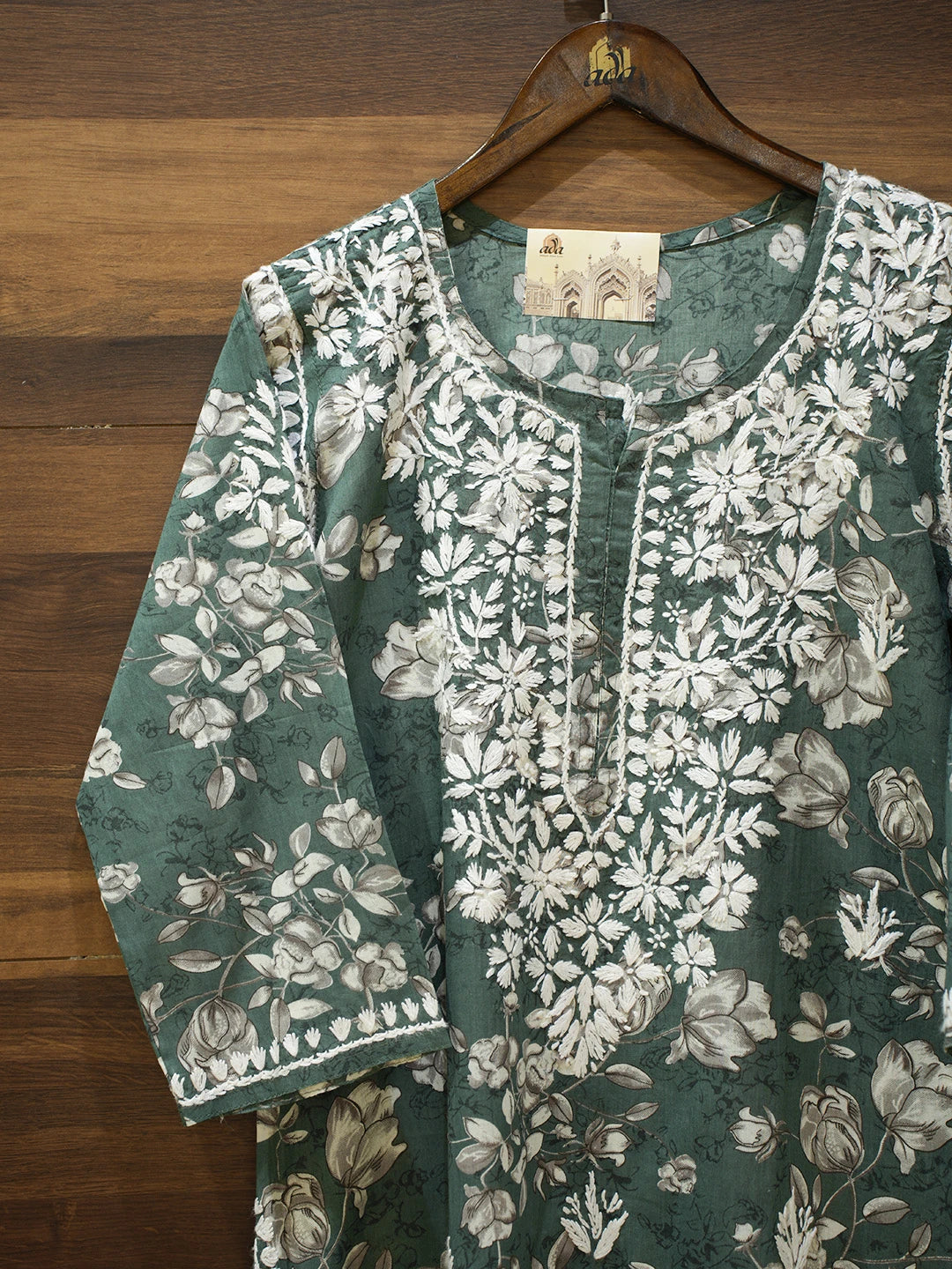 Ada Hand Embroidered Teal Green Cotton Lucknowi Chikankari Straight Kurta A411562