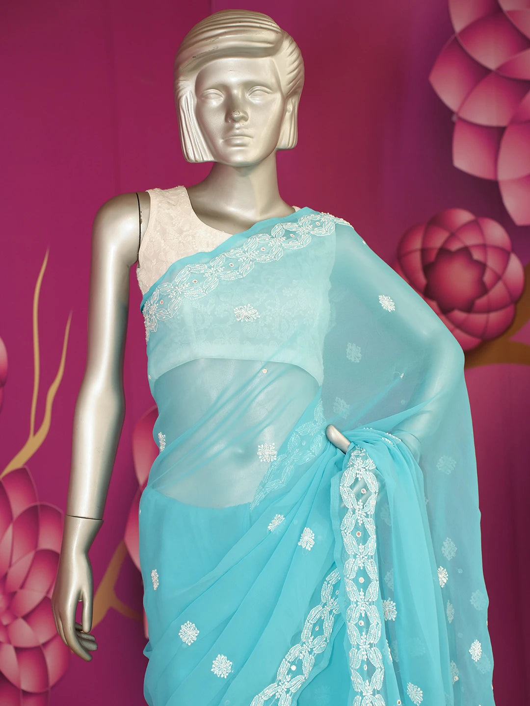 Ada Hand Embroidered Cerulean Blue Faux Georgette Lucknowi Chikankari Saree and Blouse with Pearl Work 01A390538