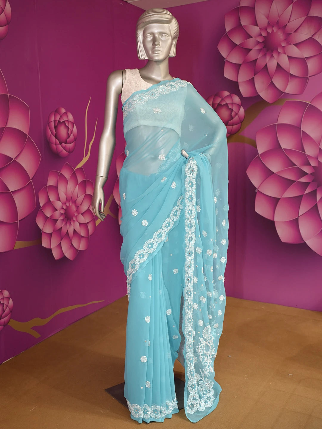 Ada Hand Embroidered Cerulean Blue Faux Georgette Lucknowi Chikankari Saree and Blouse with Pearl Work 01A390538
