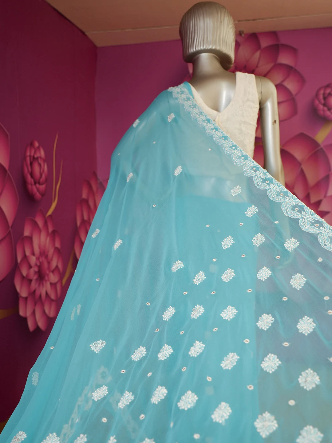 Ada Hand Embroidered Cerulean Blue Faux Georgette Lucknowi Chikankari Saree and Blouse with Pearl Work 01A390538