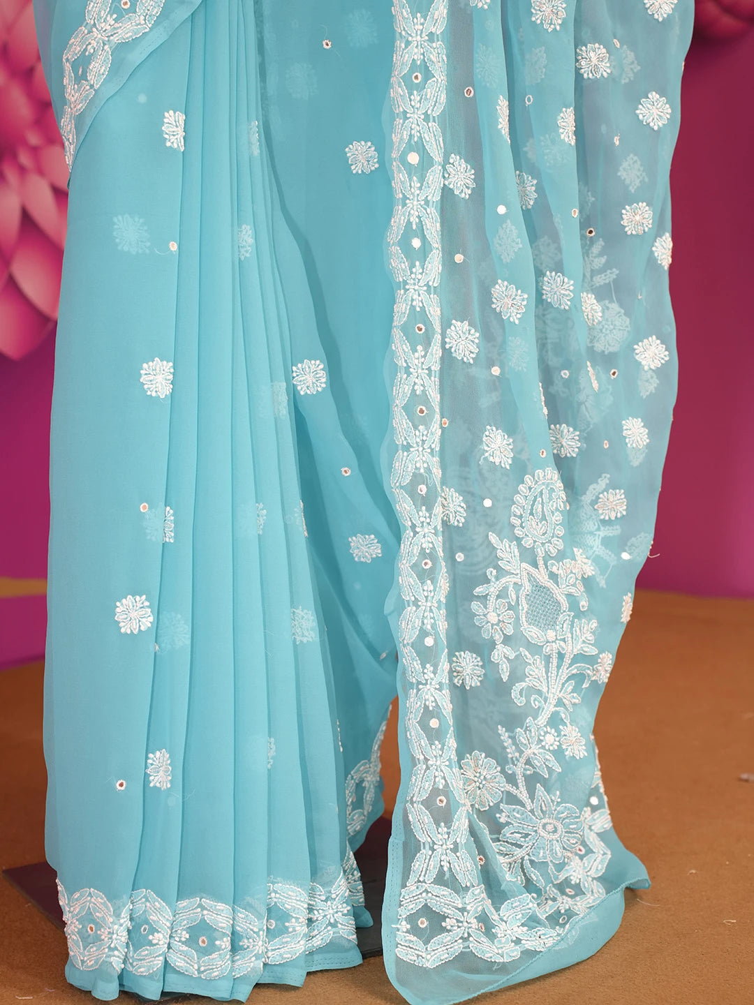 Ada Hand Embroidered Cerulean Blue Faux Georgette Lucknowi Chikankari Saree and Blouse with Pearl Work 01A390538