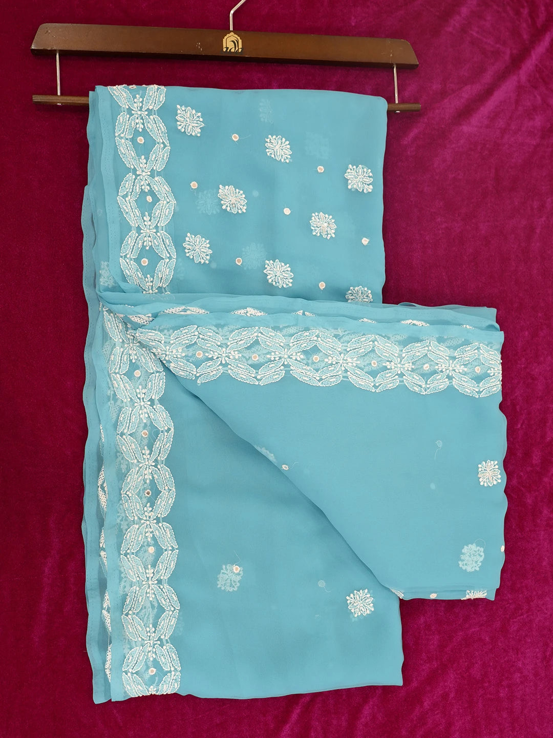 Ada Hand Embroidered Cerulean Blue Faux Georgette Lucknowi Chikankari Saree and Blouse with Pearl Work 01A390538
