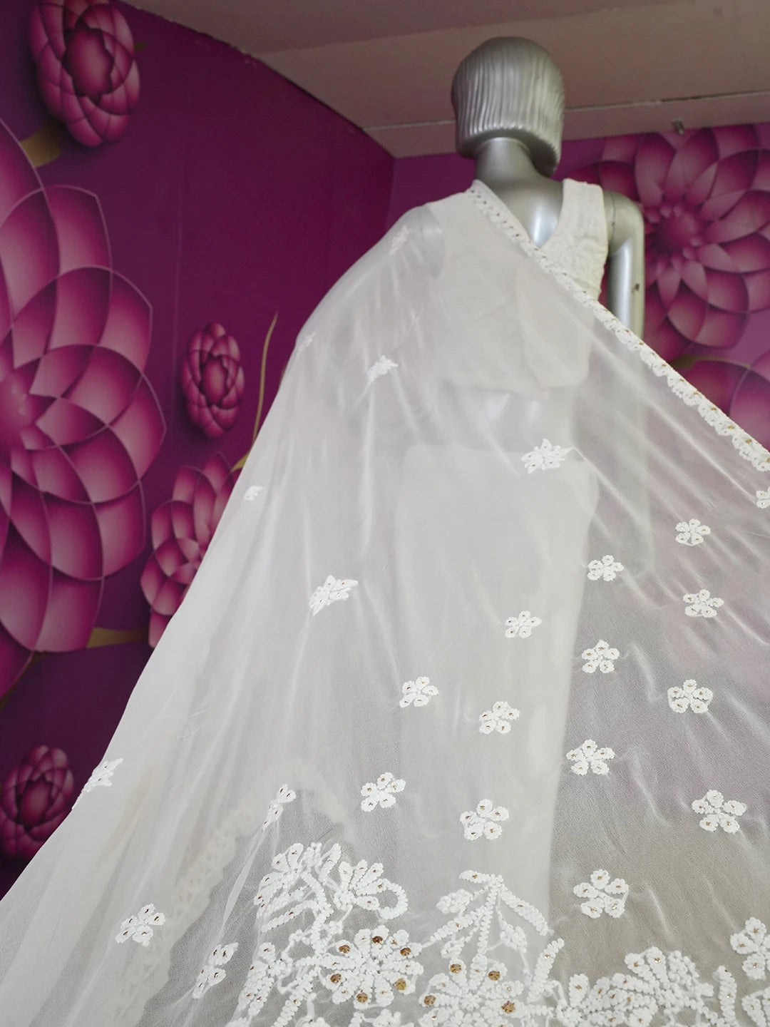 Ada Hand Embroidered White Georgette Lucknowi Chikankari Saree/Blouse With Muqaish Work 01A472872
