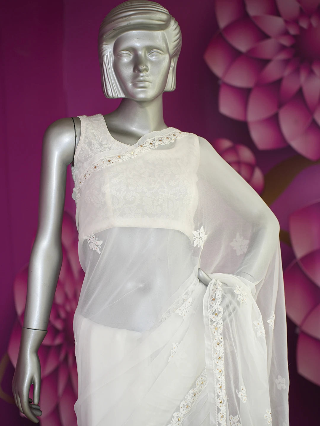 Ada Hand Embroidered White Georgette Lucknowi Chikankari Saree/Blouse With Muqaish Work 01A472872