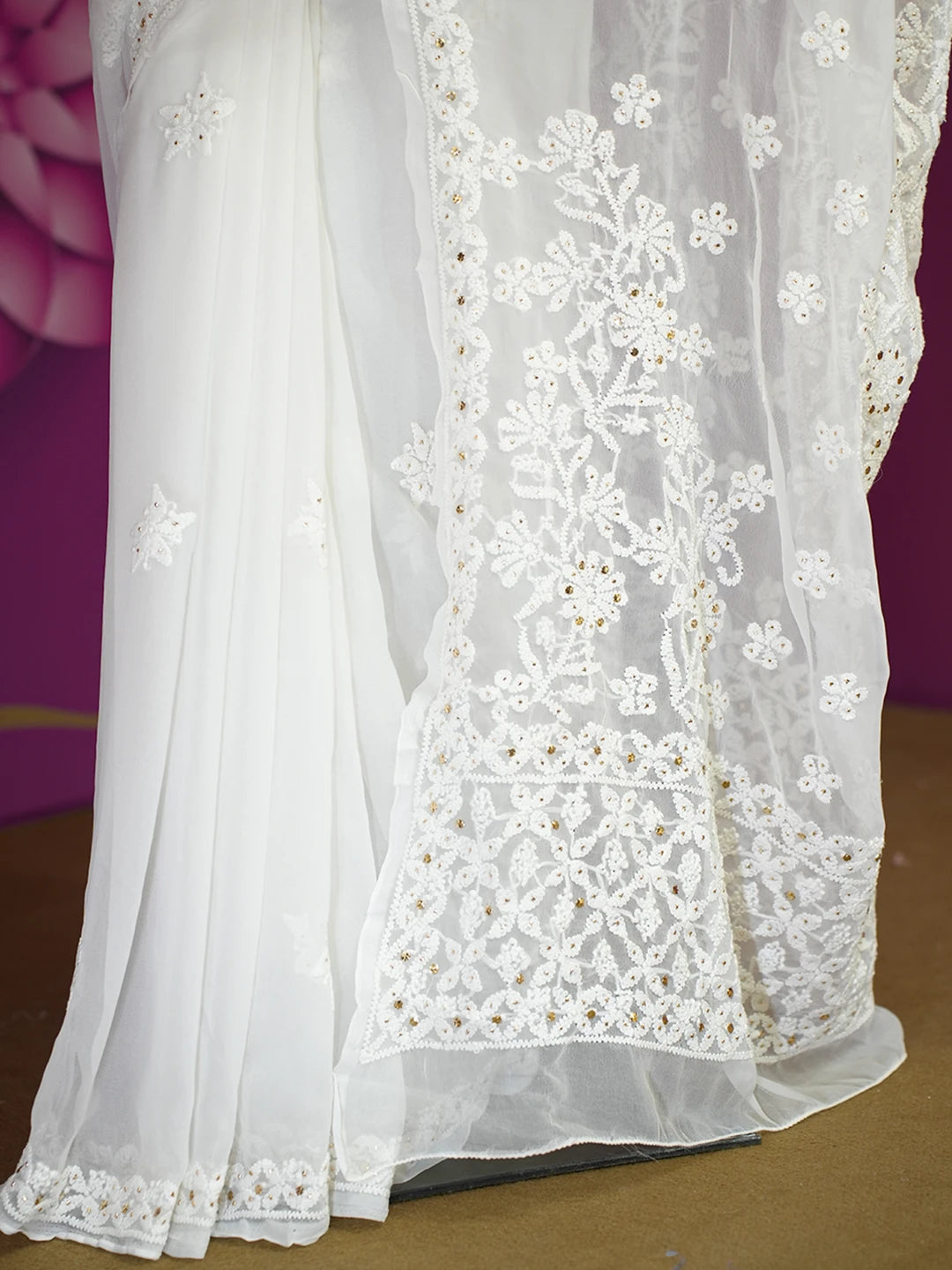 Ada Hand Embroidered White Georgette Lucknowi Chikankari Saree/Blouse With Muqaish Work 01A472872