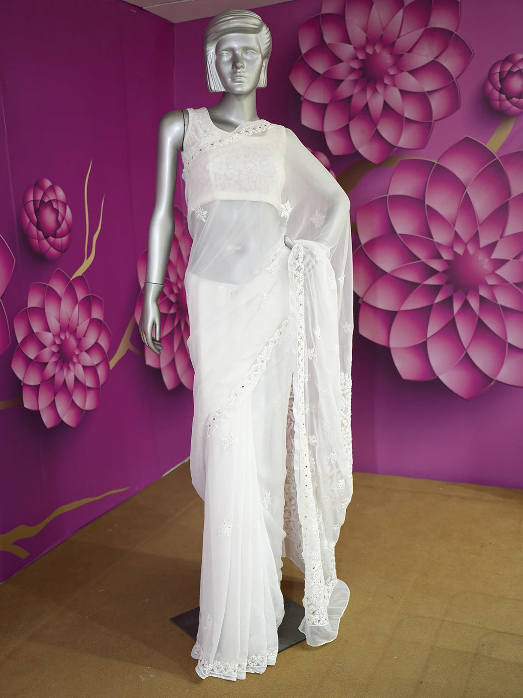Ada Hand Embroidered White Georgette Lucknowi Chikankari Saree/Blouse With Muqaish Work 01A472872