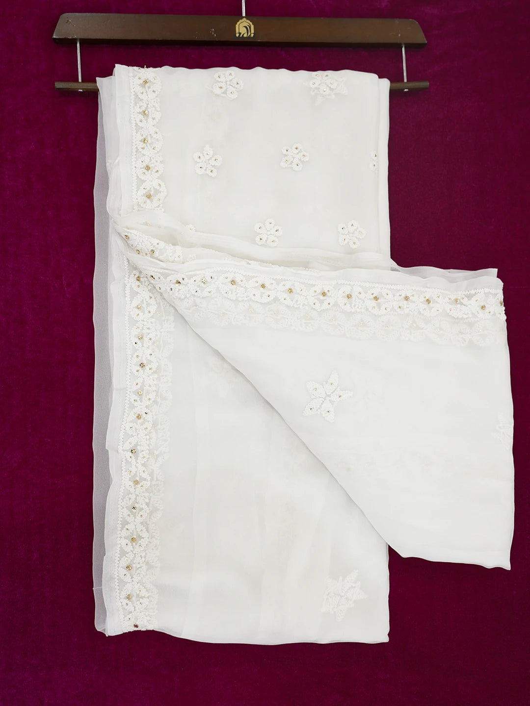 Ada Hand Embroidered White Georgette Lucknowi Chikankari Saree/Blouse With Muqaish Work 01A472872