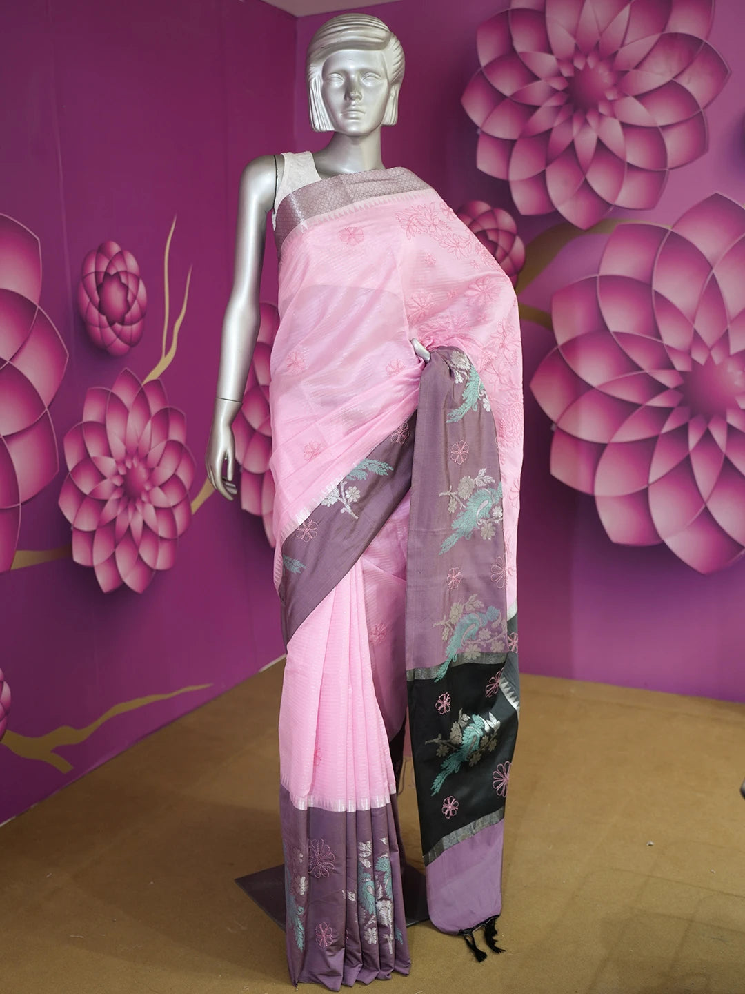 Ada Hand Embroidered Rosewood Pink Chanderi Lucknowi Chikankari Saree With Blouse 01A510366