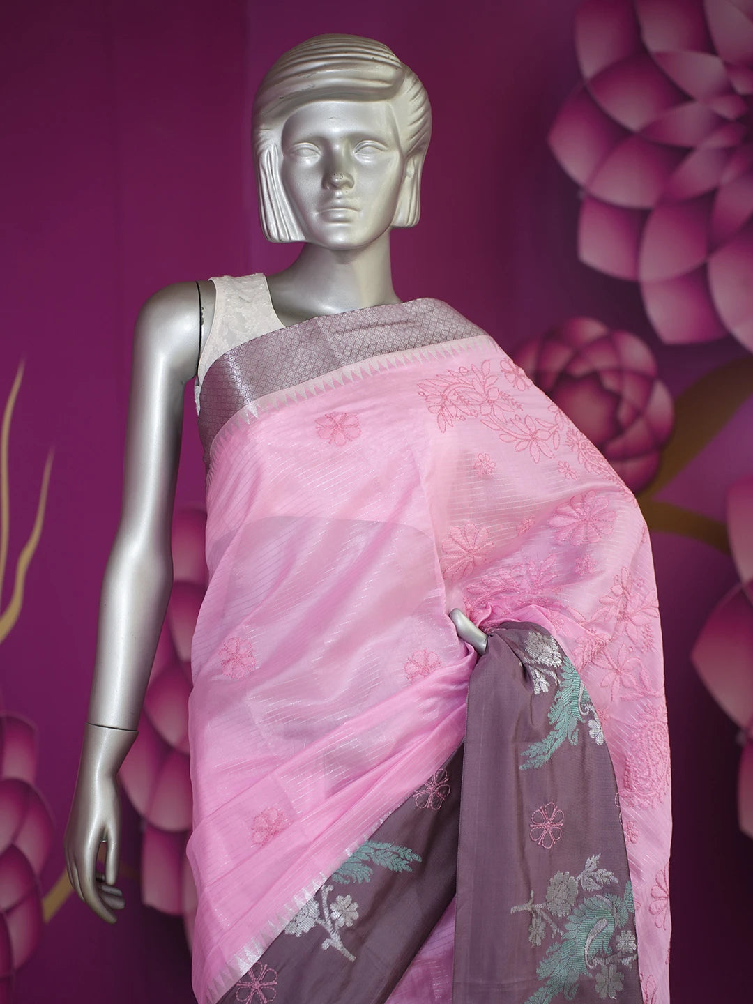 Ada Hand Embroidered Rosewood Pink Chanderi Lucknowi Chikankari Saree With Blouse 01A510366