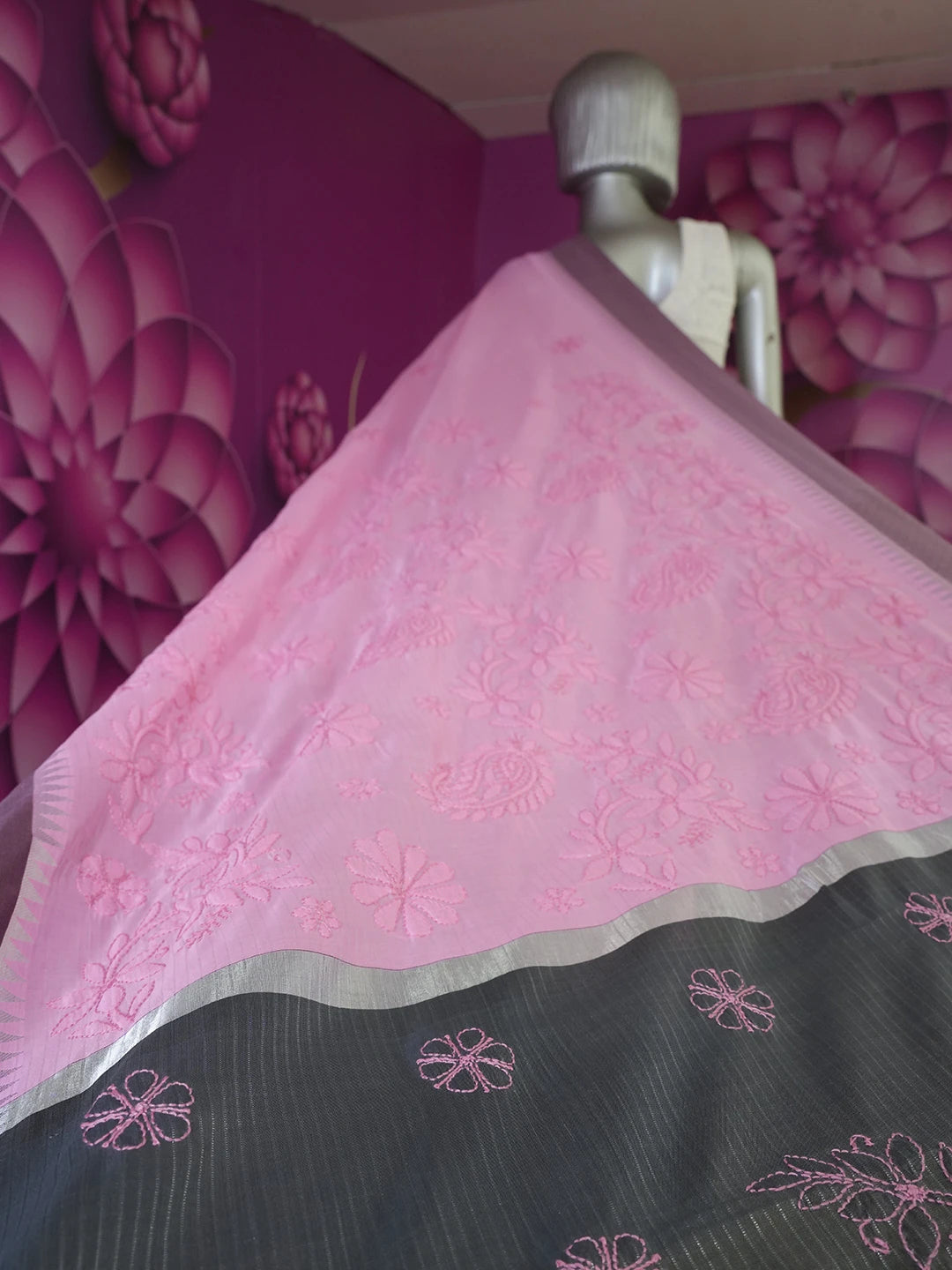 Ada Hand Embroidered Rosewood Pink Chanderi Lucknowi Chikankari Saree With Blouse 01A510366