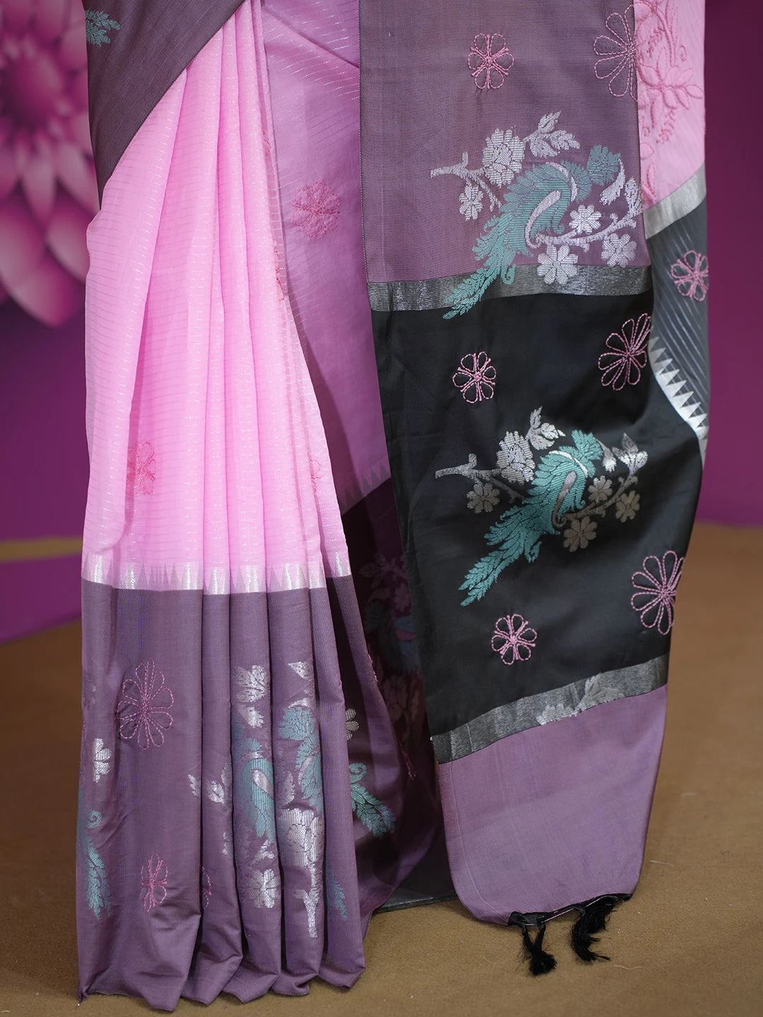 Ada Hand Embroidered Rosewood Pink Chanderi Lucknowi Chikankari Saree With Blouse 01A510366