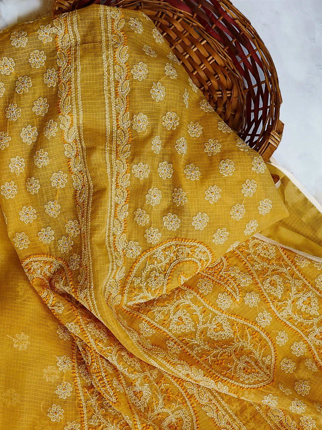 Ada Hand Embroidered Yellow Kota Lucknowi Chikankari Unstitched Kurta Piece 01A123951