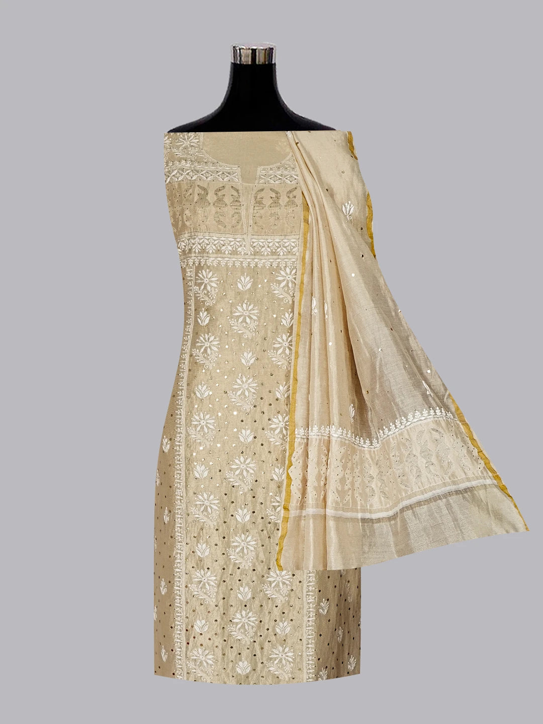 Ada Hand Embroidered Fawn Tissue Lucknowi Chikankari Unstitched Kurta Dupatta Set With Muqaish Work 01A343562
