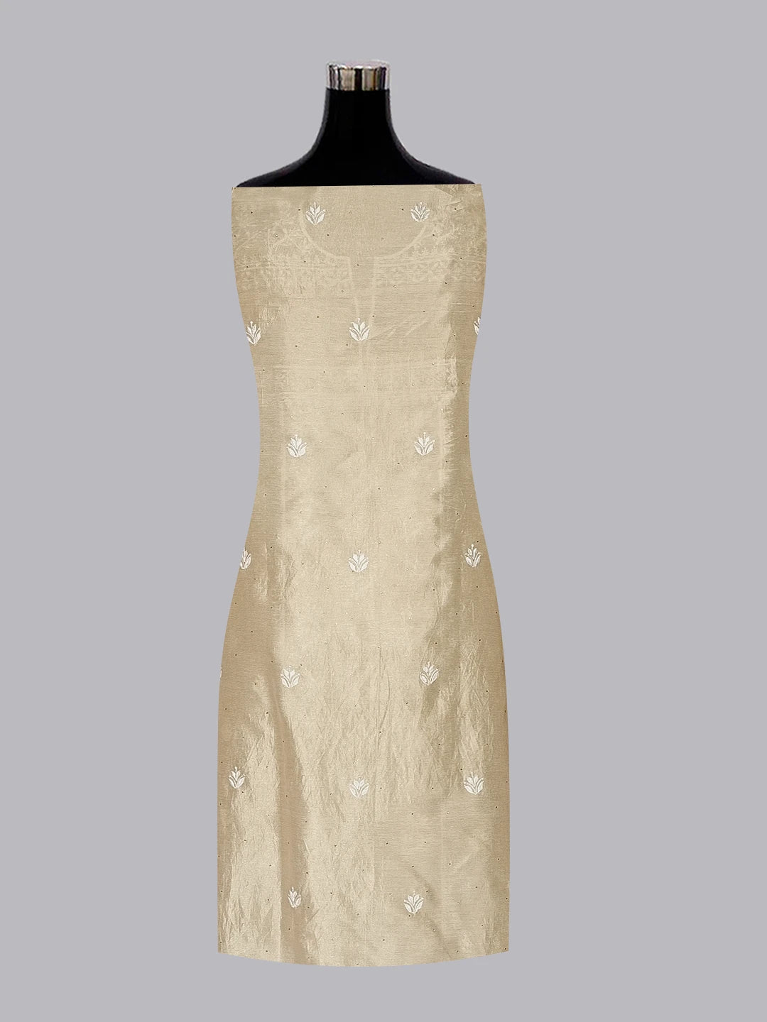 Ada Hand Embroidered Fawn Tissue Lucknowi Chikankari Unstitched Kurta Dupatta Set With Muqaish Work 01A343562