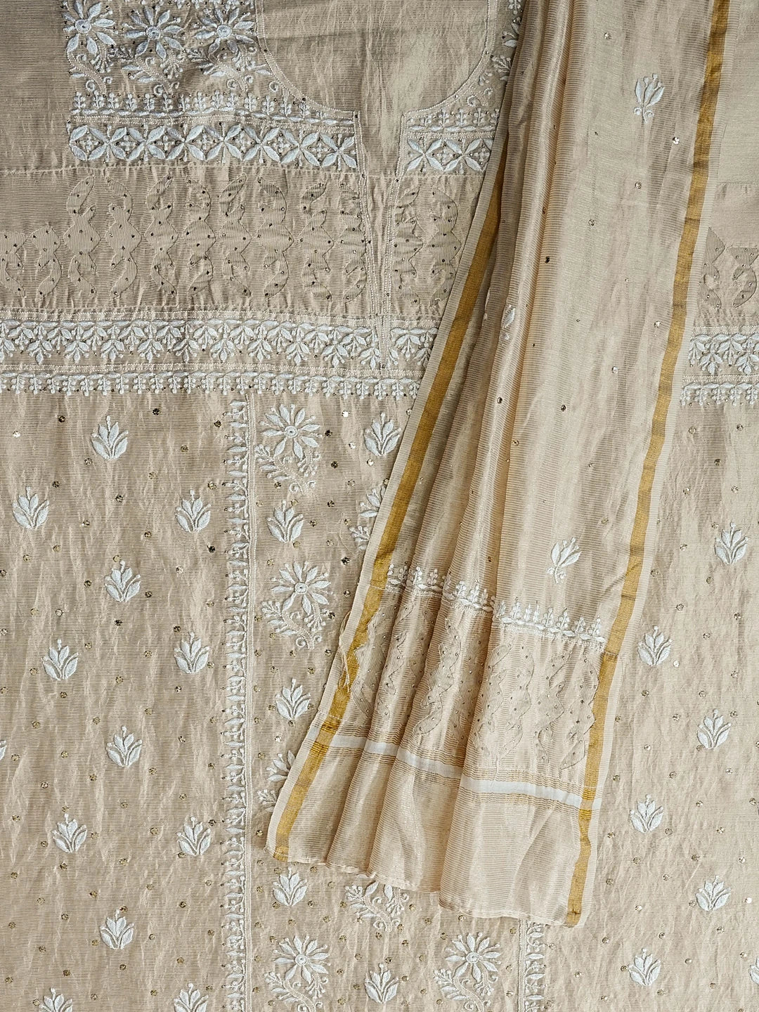 Ada Hand Embroidered Fawn Tissue Lucknowi Chikankari Unstitched Kurta Dupatta Set With Muqaish Work 01A343562