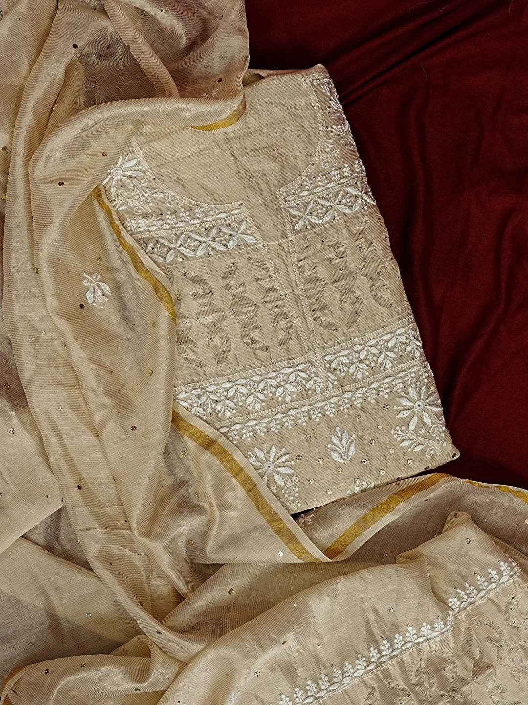 Ada Hand Embroidered Fawn Tissue Lucknowi Chikankari Unstitched Kurta Dupatta Set With Muqaish Work 01A343562