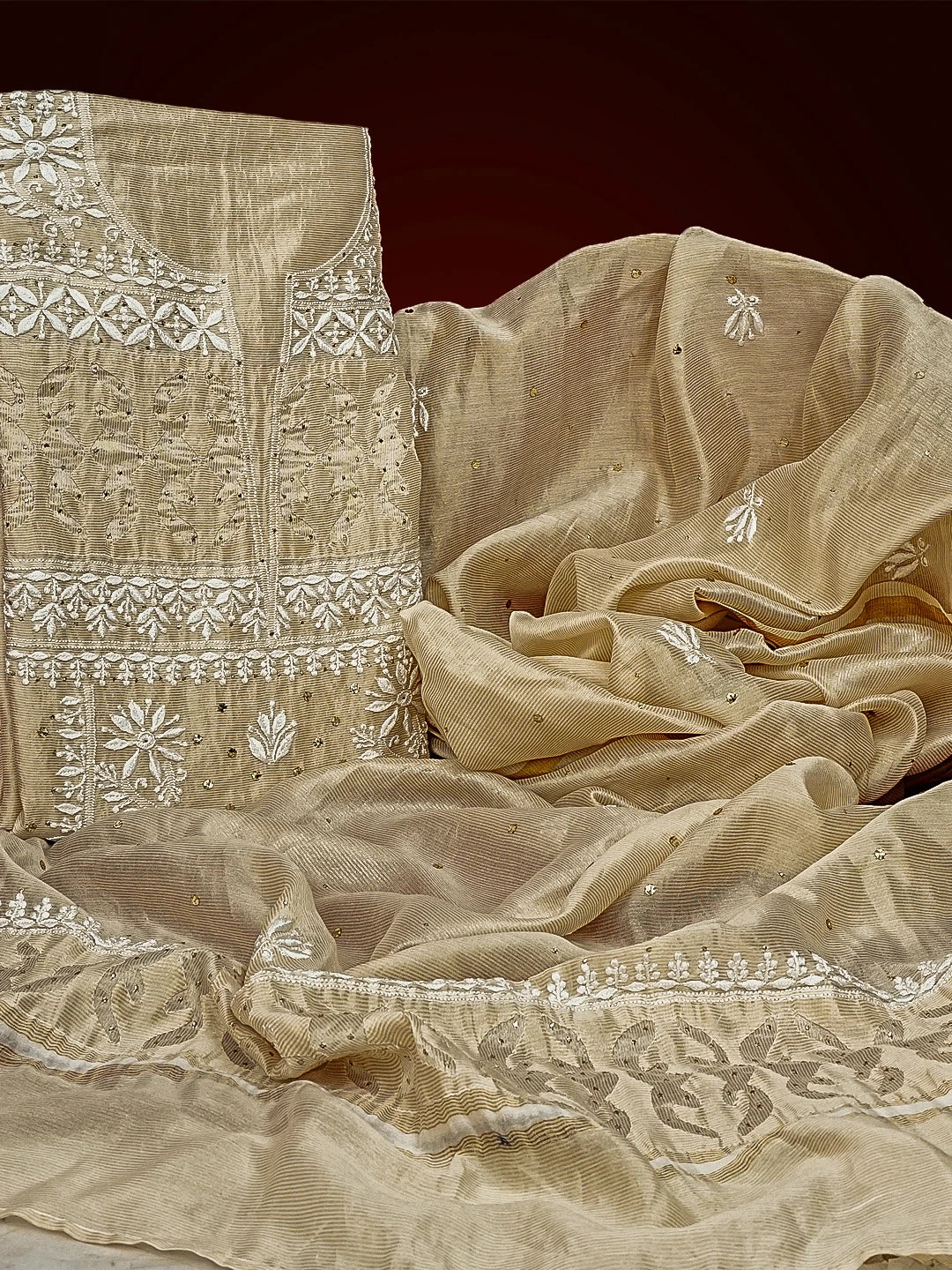 Ada Hand Embroidered Fawn Tissue Lucknowi Chikankari Unstitched Kurta Dupatta Set With Muqaish Work 01A343562